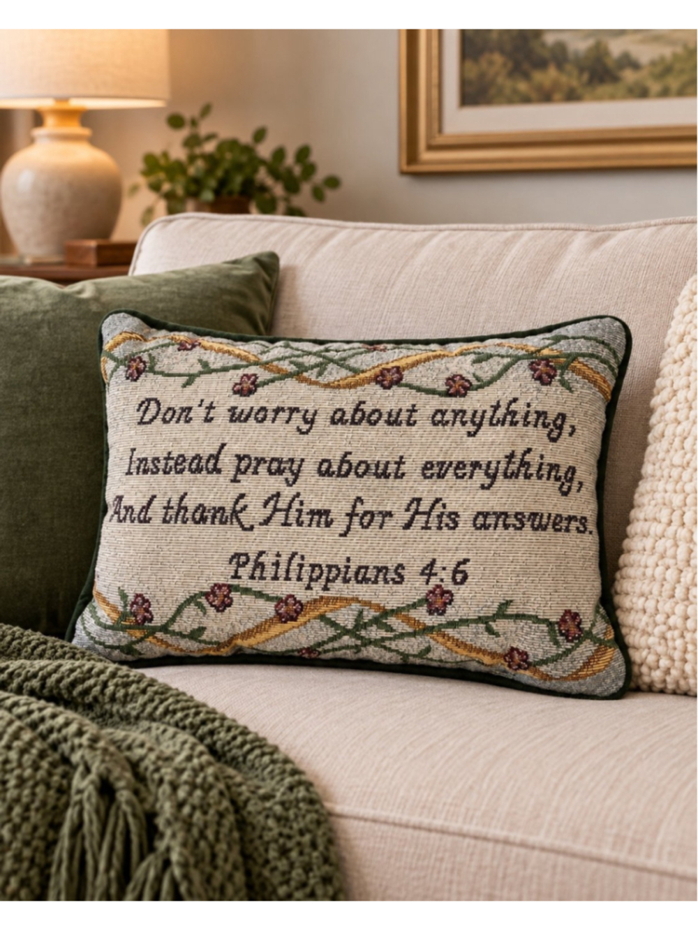 Christian Bible Verse Decorative Throw Pillow Philippians 4:6 Tapestry Green